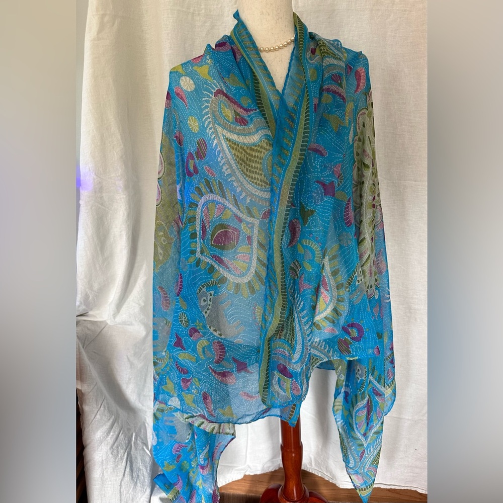VINTAGE Elephant Blue Sheer Wrap/Scarf/Sarong